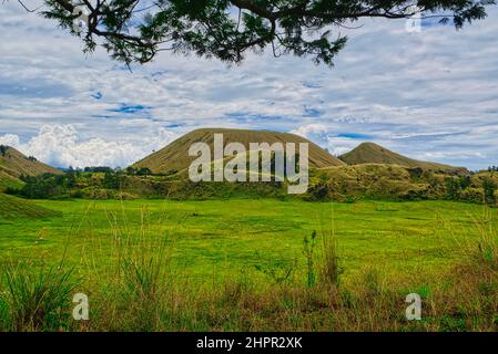 Wurung Crater ist ein hügeliges Gebiet, das über eine grüne Graslandschaft (Savanne) mit einem Überzug in Form eines Bergkraters verfügt. Die Hügel sind umgeben Stockfoto