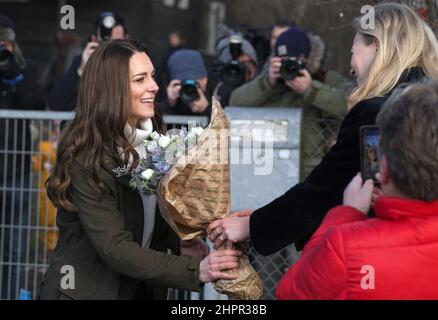 Die Herzogin von Cambridge während ihres Besuchs im Stenurten Forest Kindergarten in Kopenhagen, Dänemark, am zweiten Tag eines zweitägigen Arbeitsbesuchs bei der Royal Foundation Center for Early Childhood. Bilddatum: Mittwoch, 23. Februar 2022. Stockfoto