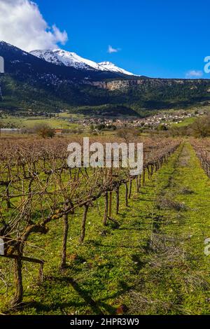 Das kleine Bergdorf Kefalari, Peleponesse, Griechenland, umgeben von verschneiten Bergen Stockfoto