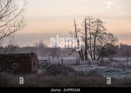 Waverley Lane, Elstead. 23rd. Februar 2022. Ein kalter und frostiger Start in den Tag für die Heimatkreise. Frostige Bedingungen entlang des River Wey bei Thundry Meadows in Elstead, in der Nähe von Godalming, in Surrey. Kredit: james jagger/Alamy Live Nachrichten Stockfoto