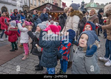 Junge Schüler, Lehrer, die sich die Krippen von Kraków Szopka angeschaut haben, die während des jährlichen Wettbewerbs im Dezember auf dem Adam Mickiewicz Denkmal, Hauptmarkt, Kraków, Polen, ausgestellt wurden Stockfoto