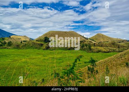 Wurung Crater ist ein hügeliges Gebiet, das über eine grüne Graslandschaft (Savanne) mit einem Überzug in Form eines Bergkraters verfügt. Die Hügel sind umgeben Stockfoto