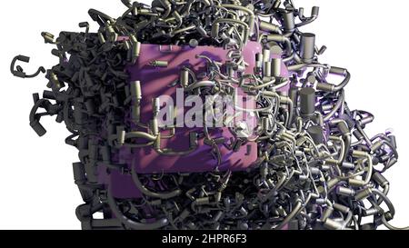 3D Illustration - Komposition aus Metallpfeifen mit abstrakter Form Stockfoto
