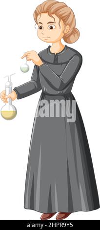 Marie Curie Zeichentrickfigur auf weißem Hintergrund Illustration Stock Vektor