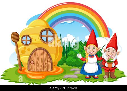 Fantasy Bienenhaus mit Regenbogen am Himmel Illustration Stock Vektor