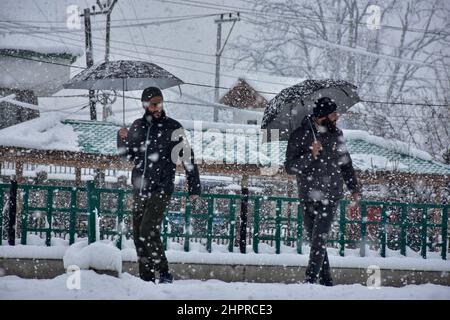 Kaschmir, Indien. 23rd. Februar 2022. Die Bewohner halten Regenschirme, während sie während des starken Schneefalls in Srinagar durch eine schneebedeckte Straße gehen.die meisten Gebiete des Kaschmir-Tals erhielten am Mittwoch Schneefall - der erste schwere Sturz der Saison in den Ebenen - was den Flug- und Eisenbahnbetrieb störte und zur Schließung des lebenswichtigen Srinagar-Jammu-Nationalstaates führte autobahn, sagten Beamte hier. Kredit: SOPA Images Limited/Alamy Live Nachrichten Stockfoto