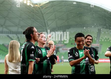 Melbourne, Australien, 23. Februar 2022. Die Spieler von Western United feiern ihren Sieg beim A-League-Fußballspiel zwischen Western United und dem FC Sydney am 23. Februar 2022 im AAMI Park in Melbourne, Australien. Kredit: Dave Hewison/Speed Media/Alamy Live Nachrichten Stockfoto