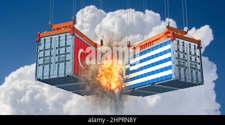 Handelskrieg. Frachtcontainer, bei denen die Nationalflaggen der Türkei und Griechenlands kollidieren. 3D Rendering Stockfoto