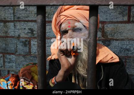 Kathmandu, Nepal. 23rd. Februar 2022. Ein Sadhu, ein Anhänger von Lord Shiva, raucht Marihuana aus einer Pfeife aus Lehm im Pashupatinath-Tempel, dem UNESCO-Weltkulturerbe, vor dem bevorstehenden Maha Shivaratri-Festival in Kathmandu, Nepal, am 23. Februar 2022. Maha shivaratri, ein Festival, das Lord Shiva gewidmet ist. Sadhus aus Nachbarländern sind vor dem bevorstehenden Maha Shivaratri Festival angekommen. (Foto: Abhishek Maharjan/Sipa USA) Quelle: SIPA USA/Alamy Live News Stockfoto