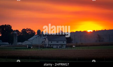 Blick auf einen Sonnenaufgang über einer Farm und Ackerland im frühen Herbst Stockfoto