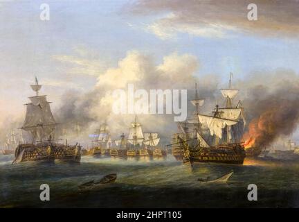 Ende der Schlacht von Trafalgar, 1805, Öl auf Leinwand, Gemälde von Thomas Luny, 1834 Stockfoto