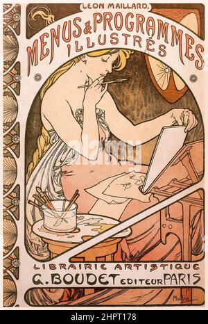 Alphonse Mucha, Art Nouveau Buchcover-Illustration zu 'Les Menus et Programs Illustrés' von Léon Maillard, 1898 Stockfoto