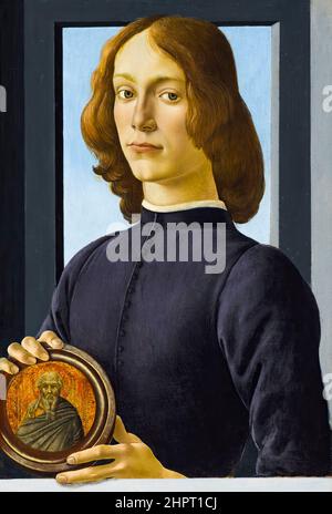 Sandro Botticelli, Porträt eines jungen Mannes mit Rundel, Malerei, Tempera auf Pappel-Tafel, 1480-1485 Stockfoto