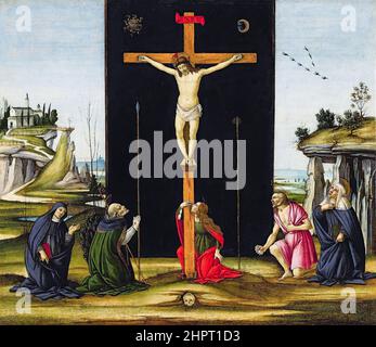 Christus am Kreuz verehrt von den Heiligen Monica, Augustinus, Maria Magdalena, Hieronymus und Bridget von Schweden, Öl auf Tafelbild von Sandro Botticelli, 1495-1505 Stockfoto