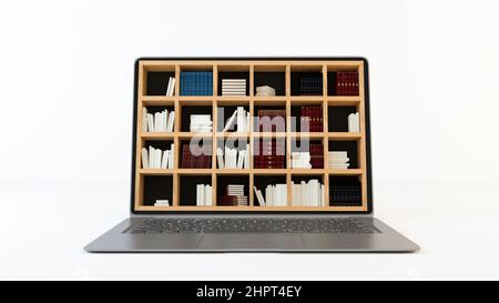 Bibliothek auf Computerbildschirm Konzept mit sauberen weißen Hintergrund 3D Rendering Stockfoto