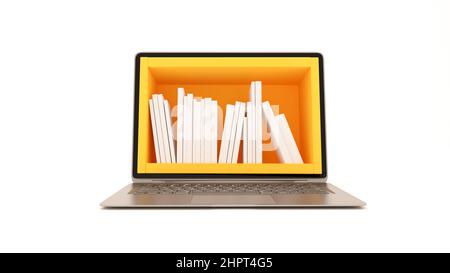 Bücherregal auf Computerbildschirm Konzept mit sauberen weißen Hintergrund 3D Rendering Stockfoto