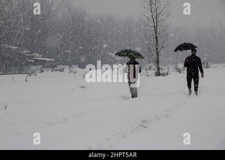 Srinagar, Indien. 23rd. Februar 2022. Menschen gehen am 23. Februar 2022 in Srinagar, Kaschmir, Indien, durch eine schneebedeckte Straße, Aufgrund von starkem Schneefall wurden die meisten der Flüge gestrichen und der Srinagar-Jammu National Highway wurde für Autofahrer gesperrt. (Fotos von Kamran Raashid Bhat/INA Photo Agency/Sipa USA) Quelle: SIPA USA/Alamy Live News Stockfoto