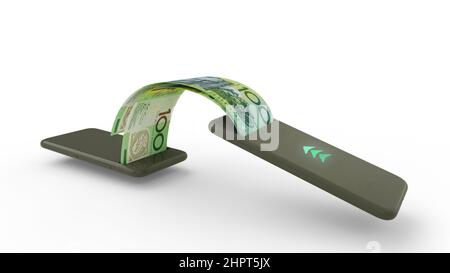 3D Wiedergabe von australischen Dollar-Noten, die von einem Telefon zum anderen übertragen werden. Mobile Money Transaction Concept Stockfoto