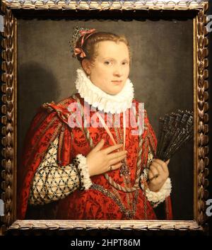 Hochformat. Junge Frau mit einem Ventilator. Von Giovanni Battista Moroni (1520-1579). Bergamo, Italien, c. 1575. Öl auf Leinwand. Rijksmuseum. Amsterdam. Stockfoto