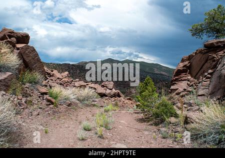 Diese friedliche Bergkulisse bietet einen schmalen Fahrweg zwischen Felsen und Felsbrocken entlang dieses wunderschönen Colorado Berges. Stockfoto