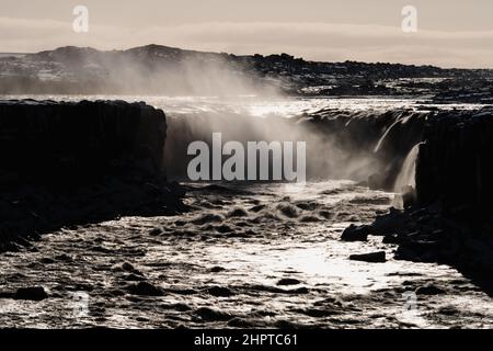 Selfoss Wasserfall Rücklicht Langzeitbelichtung in Island Stockfoto