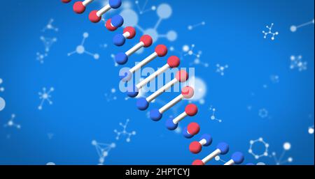 Bild von dna-Strangspinnung und Molekülen auf blauem Hintergrund Stockfoto