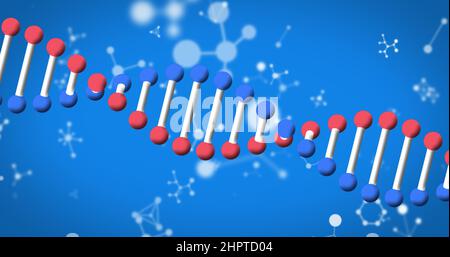 Bild von dna-Strangspinnung und Molekülen auf blauem Hintergrund Stockfoto