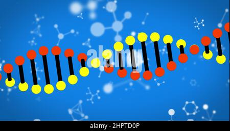 Bild von dna-Strangspinnung und Molekülen auf blauem Hintergrund Stockfoto