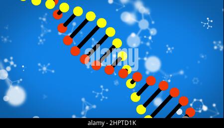 Bild von dna-Strangspinnung und Molekülen auf blauem Hintergrund Stockfoto