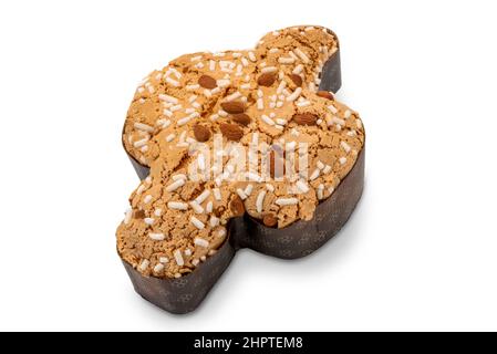 Colomba Pasquale, typisch italienischer osterkuchen mit Zuckerglasur und Mandeln. Ostertaube auf englisch. Isoliert auf weißem Hintergrund. Beschneidungspfad Stockfoto