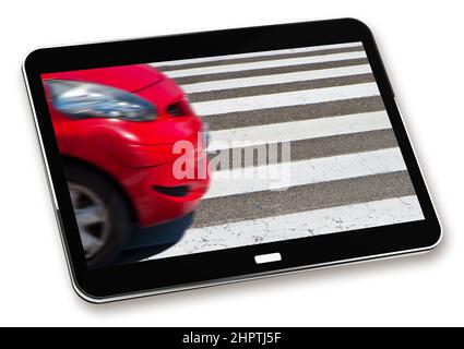 Schwarz-weiß Fußgängerüberweg mit rotem Auto auf dem Hintergrund - Konzeptbild mit 3D Rendering eines digitalen Tablets - die Form des Autos wurde geändert Stockfoto