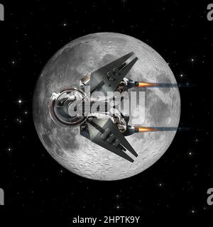 Bemannte Drohne in der Nähe des Mondes zur Weltraumforschung 3D Illustrationen. Elemente dieses Bildes, die von der NASA eingerichtet wurden. Stockfoto