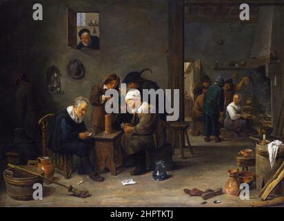 Zwei Männer spielen Karten in der Küche eines Gasthauses von David Teniers der Jüngere (1610-1690), Öl auf Eiche, c.. 1635/40 Stockfoto