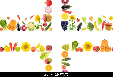 Große helle nahtlose Muster gesunde Früchte, Gemüse, Beeren auf weißem Hintergrund isoliert. Stockfoto