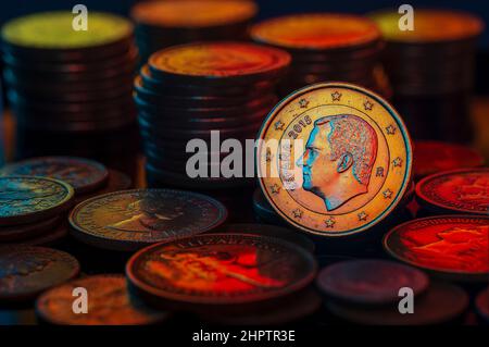 Philip Felipe VI König von Spanien Euro-Münzstapel und Stapel aus nächster Nähe Stockfoto