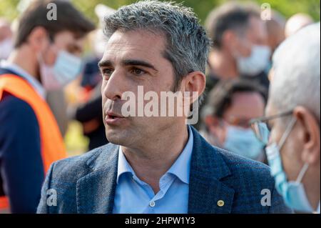 Federico Pizzarotti sindaco di Parma è a Sala Baganza (Parma) in occasione dell'inizio lavori della cassa di espansione sul torrente Baganza Stockfoto