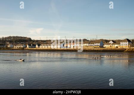 Blaydon auf Tyne Großbritannien: 30th. Januar 2022: Ruderer auf dem Fluss Tyne an einem frühen sonntagmorgen. Rudern Wassersport Übung Stockfoto