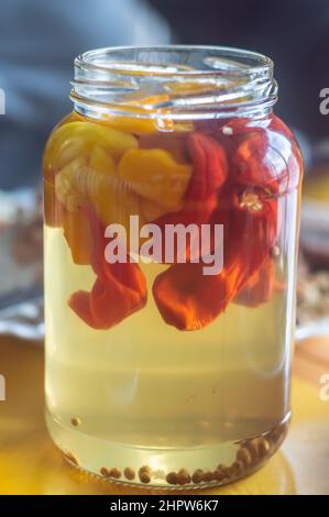 Gelbe Paprika in Dosen in einem Glas auf Holzgrund, natürliches Licht. Stockfoto