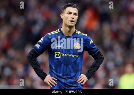 Madrid, Madrid, Spanien. 23rd. Februar 2022. CRISTIANO RONALDO von Manchester United während des Champions-League-Fußballspiels zwischen Atletico de Madrid und Manchester United im Wanda Metropolitano Stadium in Madrid, Spanien, 23. Februar 2022 (Bildnachweis: © Ruben Albarran/ZUMA Press Wire) Stockfoto