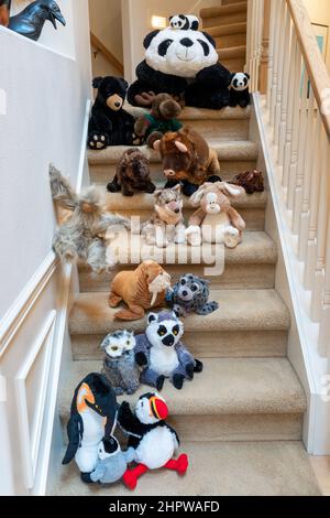 Ausgestopfte Tiere, die mit ihrem Freund eine Treppe hinunterlaufen Stockfoto