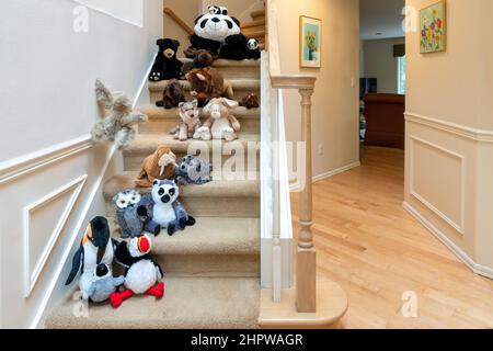 Ausgestopfte Tiere, die mit ihrem Freund eine Treppe hinunterlaufen Stockfoto