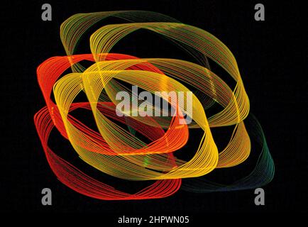 Kreisel, dunkler Hintergrund, geometrische Form, abstrakte Figuren, Lichtspiel, Bewegung, Pendelfotografie, Baden-Baden, Baden-Württemberg Stockfoto