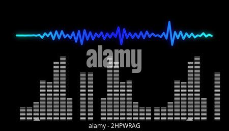 Digitales Bild von Musik-Equalizer und Schallwellen vor schwarzem Hintergrund Stockfoto