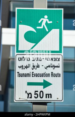 Schild Tsunami Evacuation Route, Tel Aviv, Israel Stockfoto