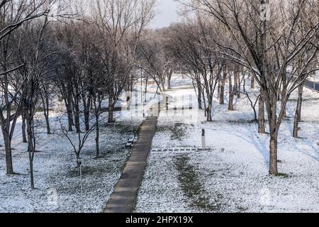 Belgrad: Novobeogradski Kej und Usce Park im Winter von Schnee bedeckt. Serbien Stockfoto