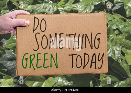 Ein Karton-Poster mit einer ökologischen Legende auf einem Hintergrund aus Blättern. Hand hält das Schild von der Seite. Stockfoto