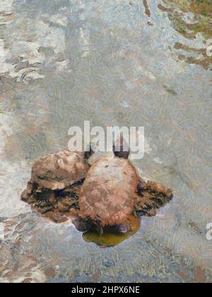 Digitale Pinselführung zweier Schildkröten Entspannen Sie auf einem Felsen, der von Wellenwasser in einem Teich umgeben ist. Stockfoto