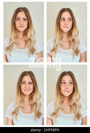 Lasst mich das durchdenken Zusammengesetzte Aufnahme einer jungen Frau, die im Studio verschiedene Gesichtsausdrücke macht. Stockfoto