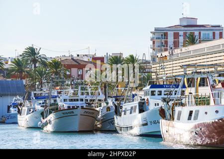 Dénia, Spanien. 12. Dezember 2020. Fischmarkt und Fischerboote liegen im Hafen von Denia Stockfoto