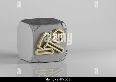 Symbol für NFT-Auktion. Wunderschöne goldene NFT-Symbol-Symbole auf einem Beton-Würfel und Keramikhintergrund. 3D Rendering-Illustration. Hintergrundmuster für Design. Stockfoto